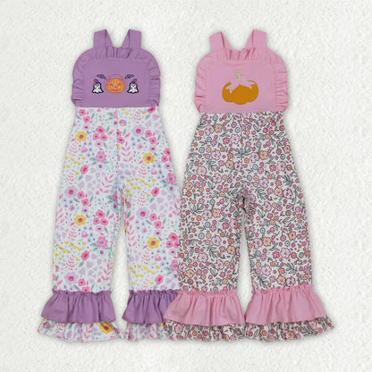 Sibling Embroidery Ghost Pumpkins Baby Girls Strap Floral Fall Halloween Ruffle Jumpsuits C8.26