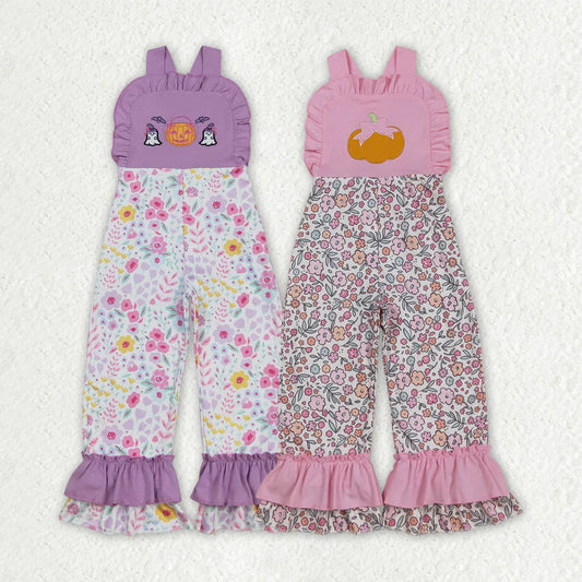 Sibling Embroidery Ghost Pumpkins Baby Girls Strap Floral Fall Halloween Ruffle Jumpsuits C8.26