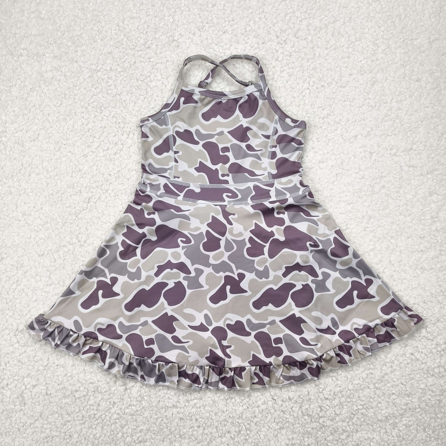 GSD2312 Baby Girls Strap Purple Camo Yoga Ruffle Knee Length Dress 4.30