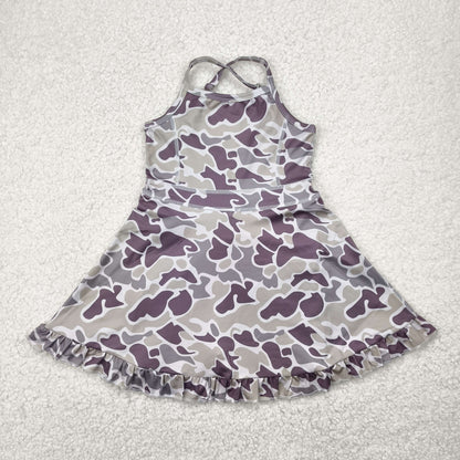 GSD2312 Baby Girls Strap Purple Camo Yoga Ruffle Knee Length Dress 4.30
