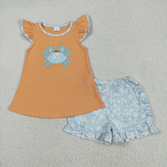 GSSO2555 Embroidered Baby Girls Orange Flutter Sleeves Crab Tunic Floral Ruffle Short Set 5.20
