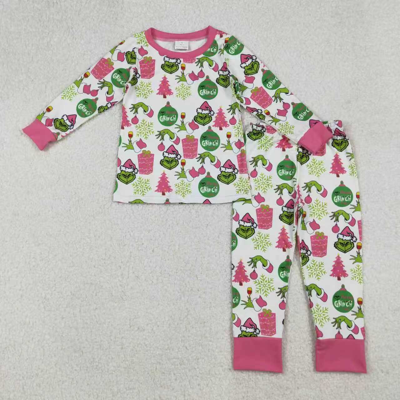 Sibling Baby Girls Green Faces Trees Lights Christmas Ruffle Knee Length Dress Pajamas Sets Footie Rompers C10.14