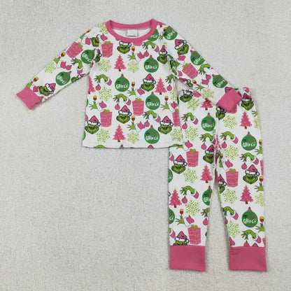 Sibling Baby Girls Green Faces Trees Lights Christmas Ruffle Knee Length Dress Pajamas Sets Footie Rompers C10.14