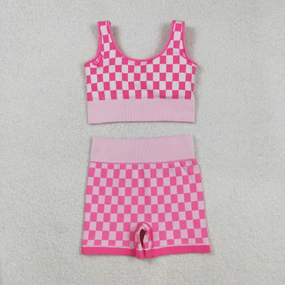 GT1190+SS0645 Adult Women Pink Checkered Crop Bra Top Shorts Yoga Outfits Set C9.1
