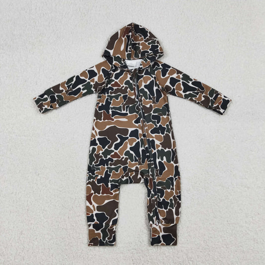LR2815 Baby Boys Southern Dark Brown Camo Hoodie Two Way Zip Convertible Romper C12.8