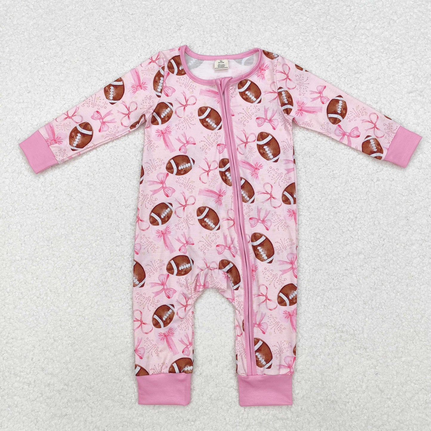 LR1595 Baby Infant Girls Pink Bows Football Zip Bamboo Romper