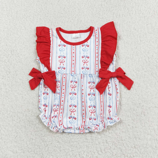 SR1717 4th of July National Day flag bow red lace vest onesie