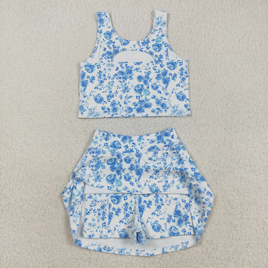 Baby Girls Blue Flowers Print Vest Top Shorts Skirts Yoga Activity Set 8.7