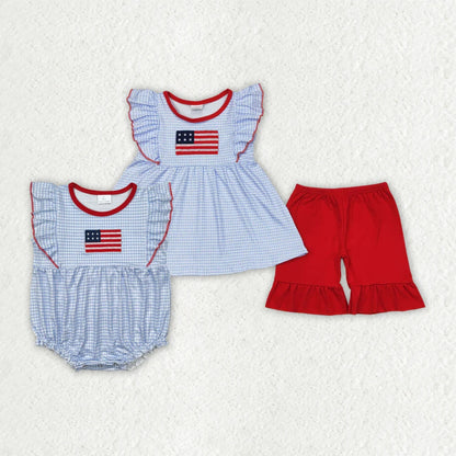 Sibling Embroidery Flag Baby Girls Blue Checkered Tunic Ruffle Shorts Clothes Sets Rompers 5.1