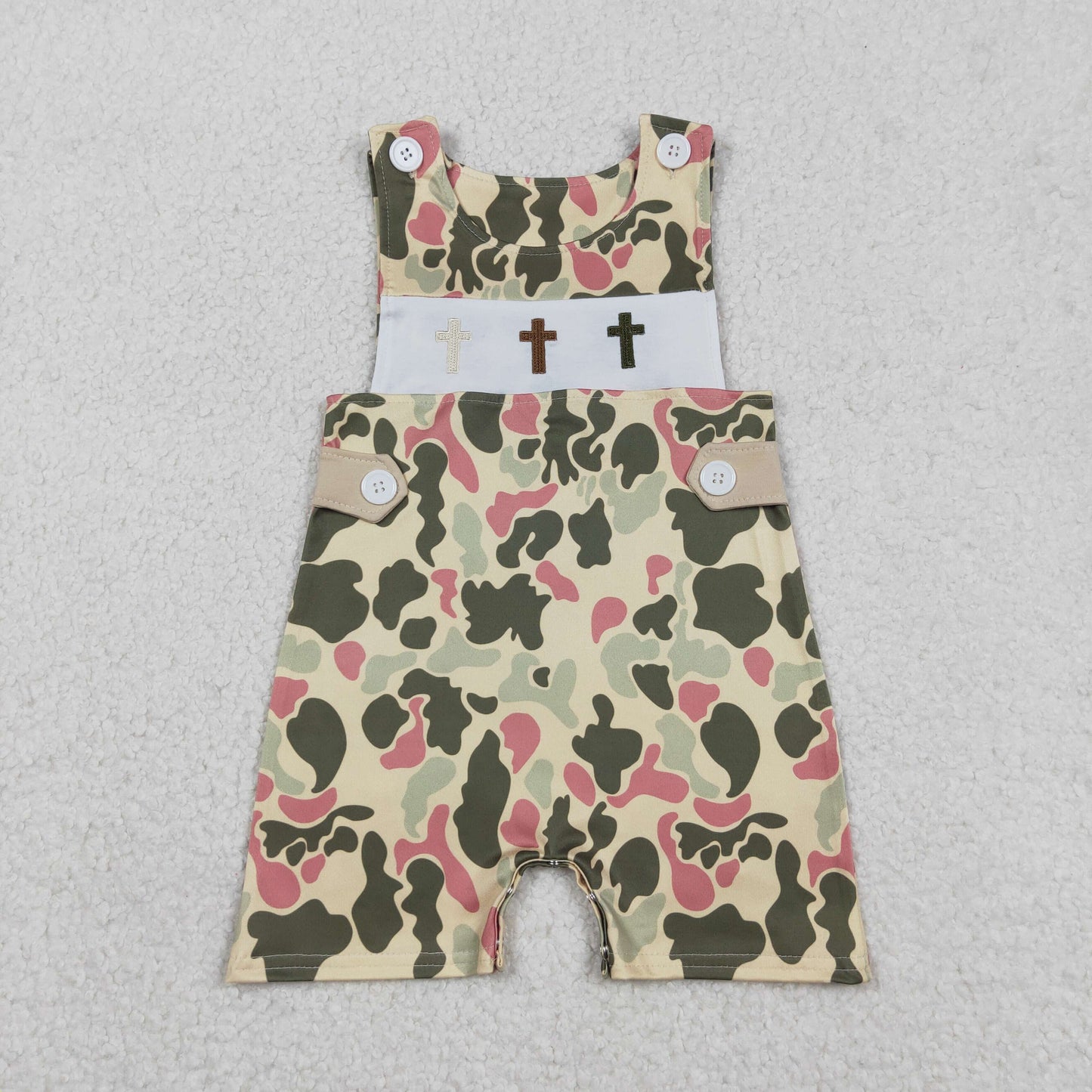 SR3290 Embroidery Crosses Baby Boys Camo Easter Shorts Romper C12.16