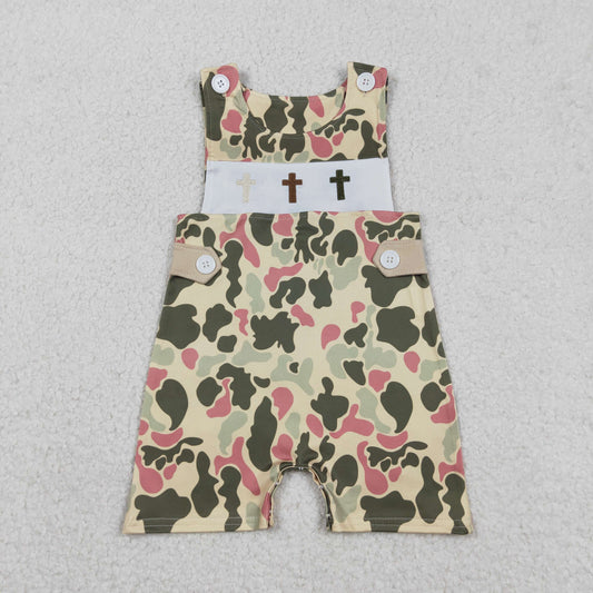SR3290 Embroidery Crosses Baby Boys Camo Easter Shorts Romper C12.16
