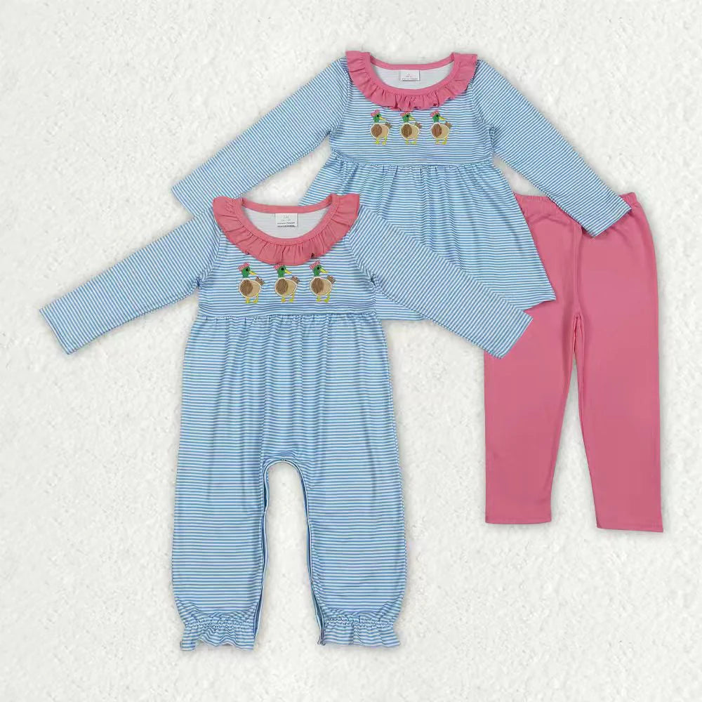 Sibling Baby Girls Embroidery Bow Ducks Stripes Collar Leggings Clothes Set Footie Rompers C12.1