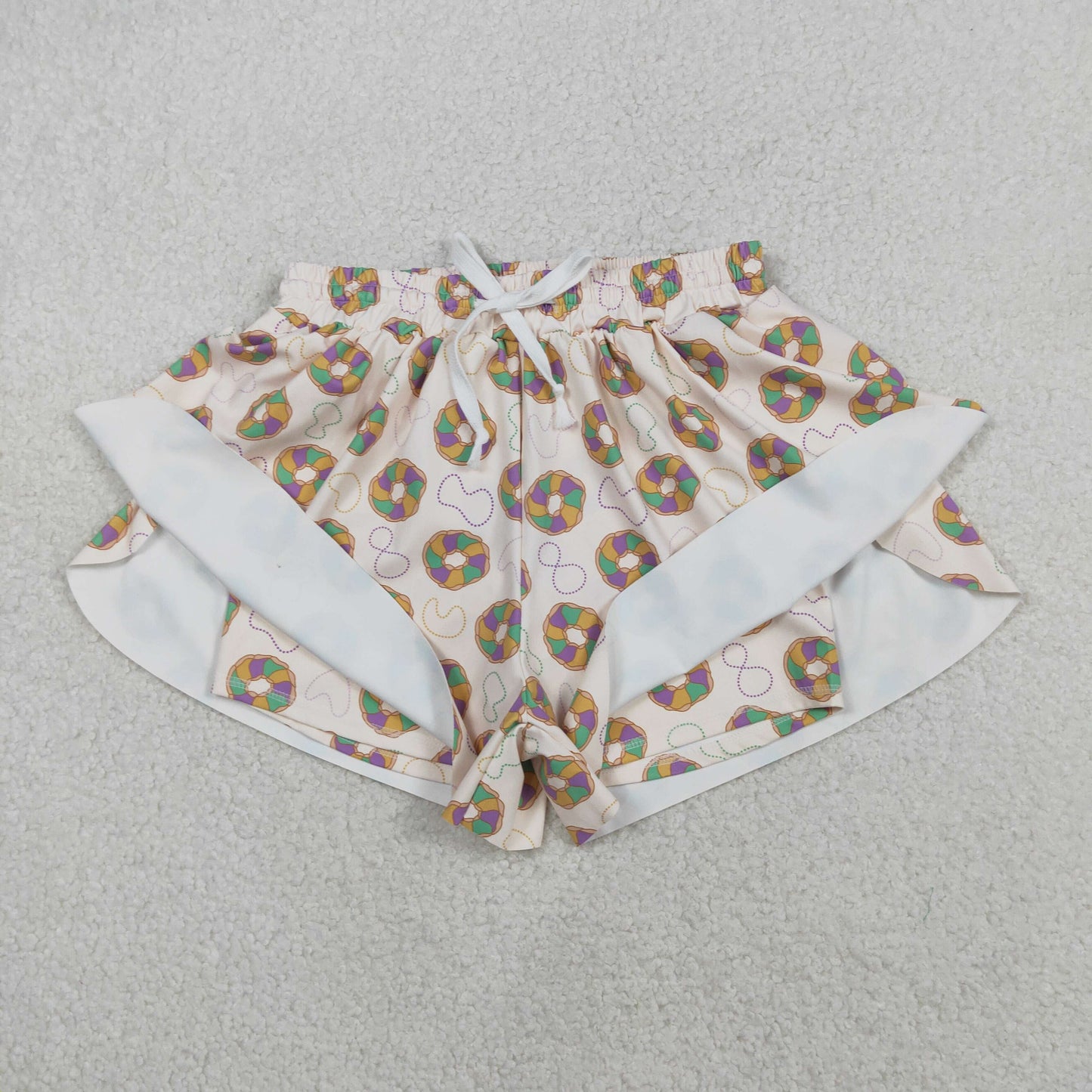 SS0680 Adult Women Mardigras Donuts Necklaces Yoga Active Ruffle Shorts Bottoms C12.2