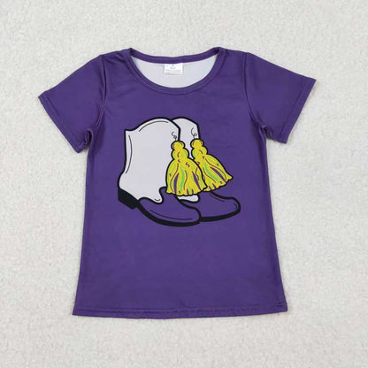 Sibling Baby Girls Purple Short Sleeve Bow Donuts Boots Tassel Mardigras T-shirts Tops C11.8