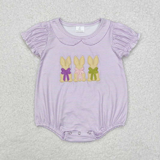 SR2074 Baby Infant Girls Lavender Stripes Bunny Short Sleeve Romper