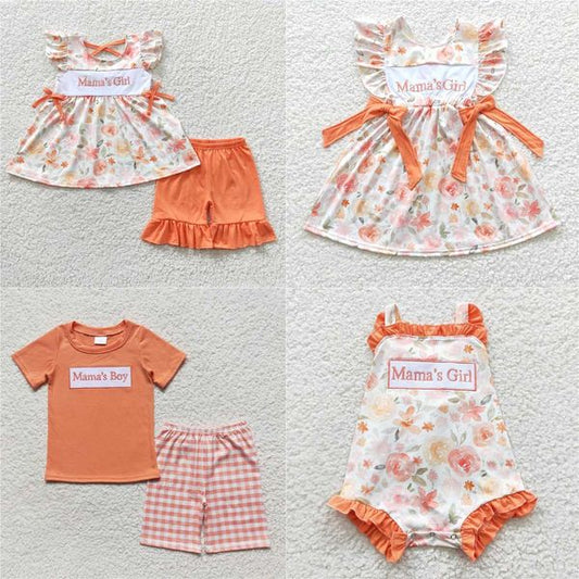 Boys and girls embroidered mamas boy orange short-sleeved shorts suit and jumpsuit collection