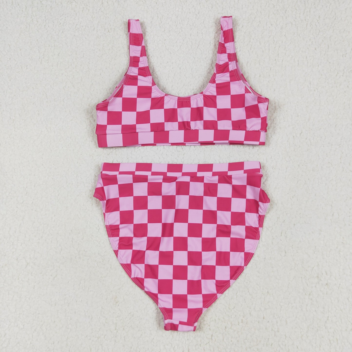S0555 Adult Women Hot Pink Plaid Vest Top Bottom Swimsuits Set 6.13