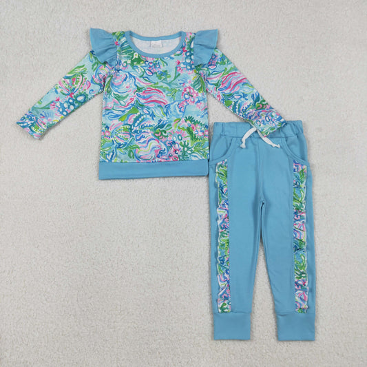 GLP2832 Baby Girls Blue Watercolor Floral Shirts Top Pockets Jogger Pants Clothes Set C12.4
