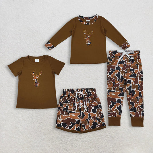 Sibling Baby Boys Embroidery Brown Camo Deer Pockets Pant Short Hunting Clothes Sets C12.6