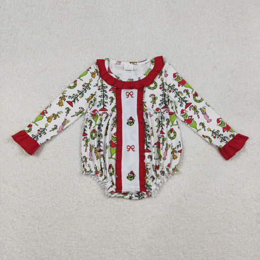 LR2635 Baby Girls Green Face Miss Bows Christmas Ruffle Romper C10.14