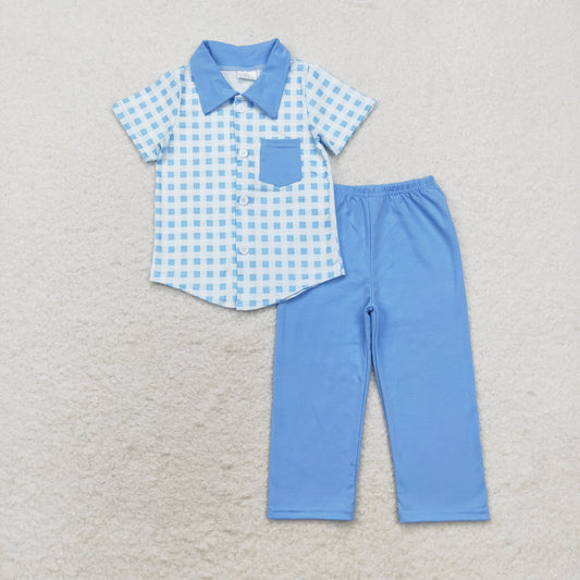 BT0806+ P0579 Blue pocket plaid short-sleeved top light blue pantsuit