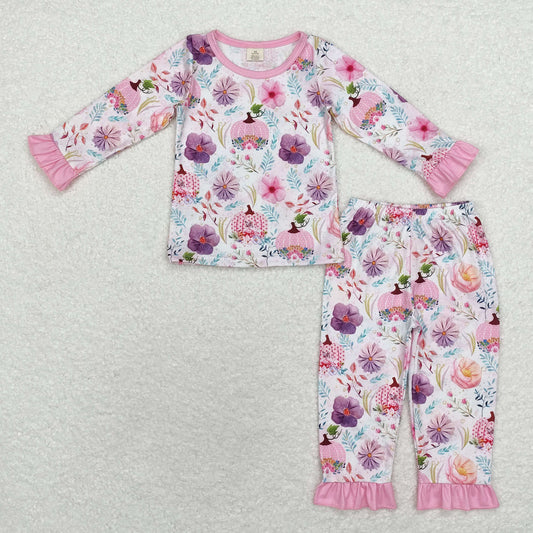 GLP1482 Bamboo flower pumpkin pink lace long sleeve pants pajama set