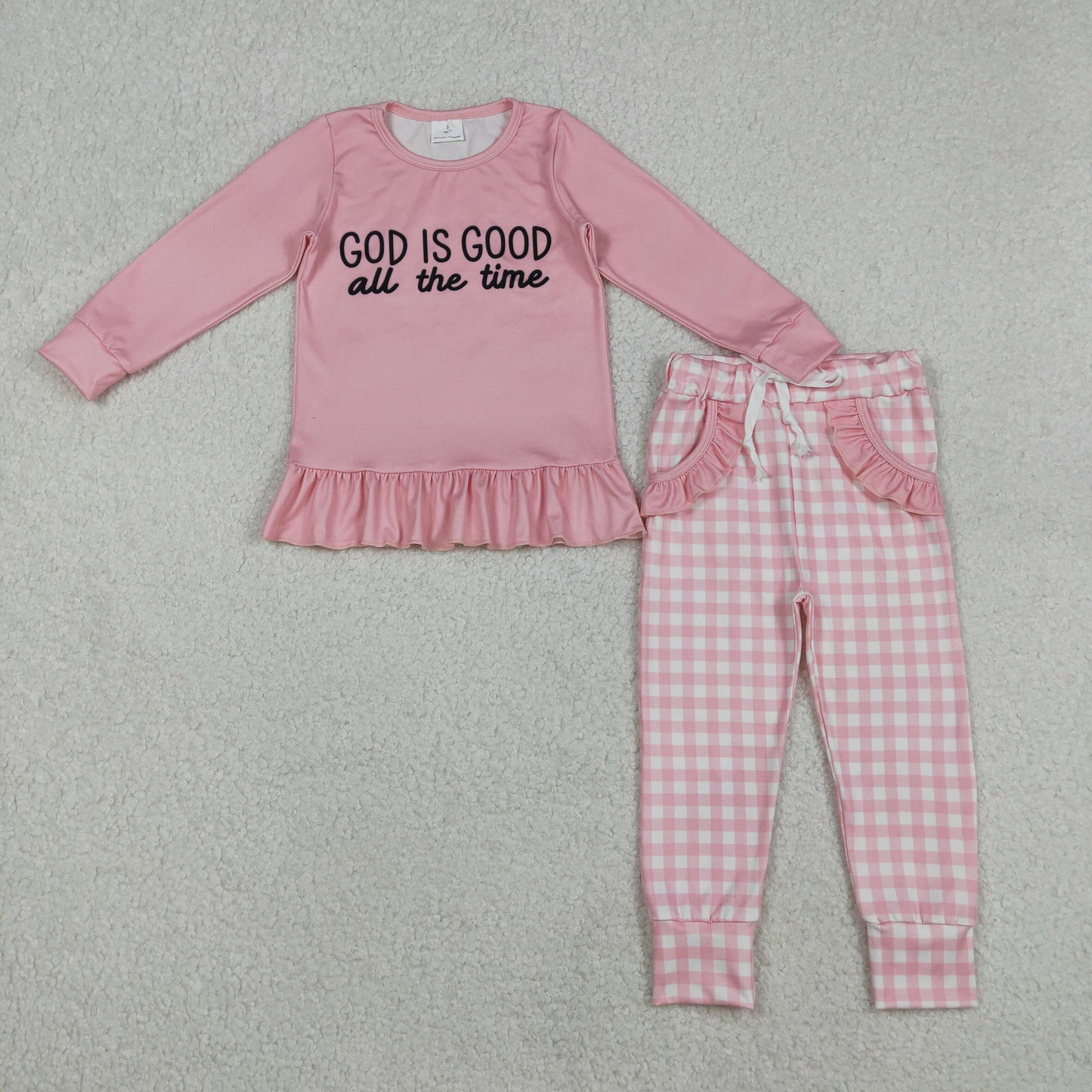 GLP3038 Baby Girls God is Good Ruffle Top Checked Pockets Jogger Pants Clothes Set C12.3
