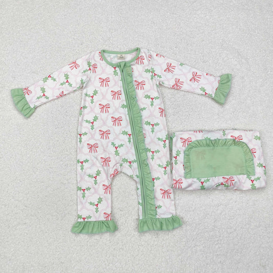 LR1344 Baby Infant Girls Christmas Bows Holly Long Sleeve Zip Bamboo Romper