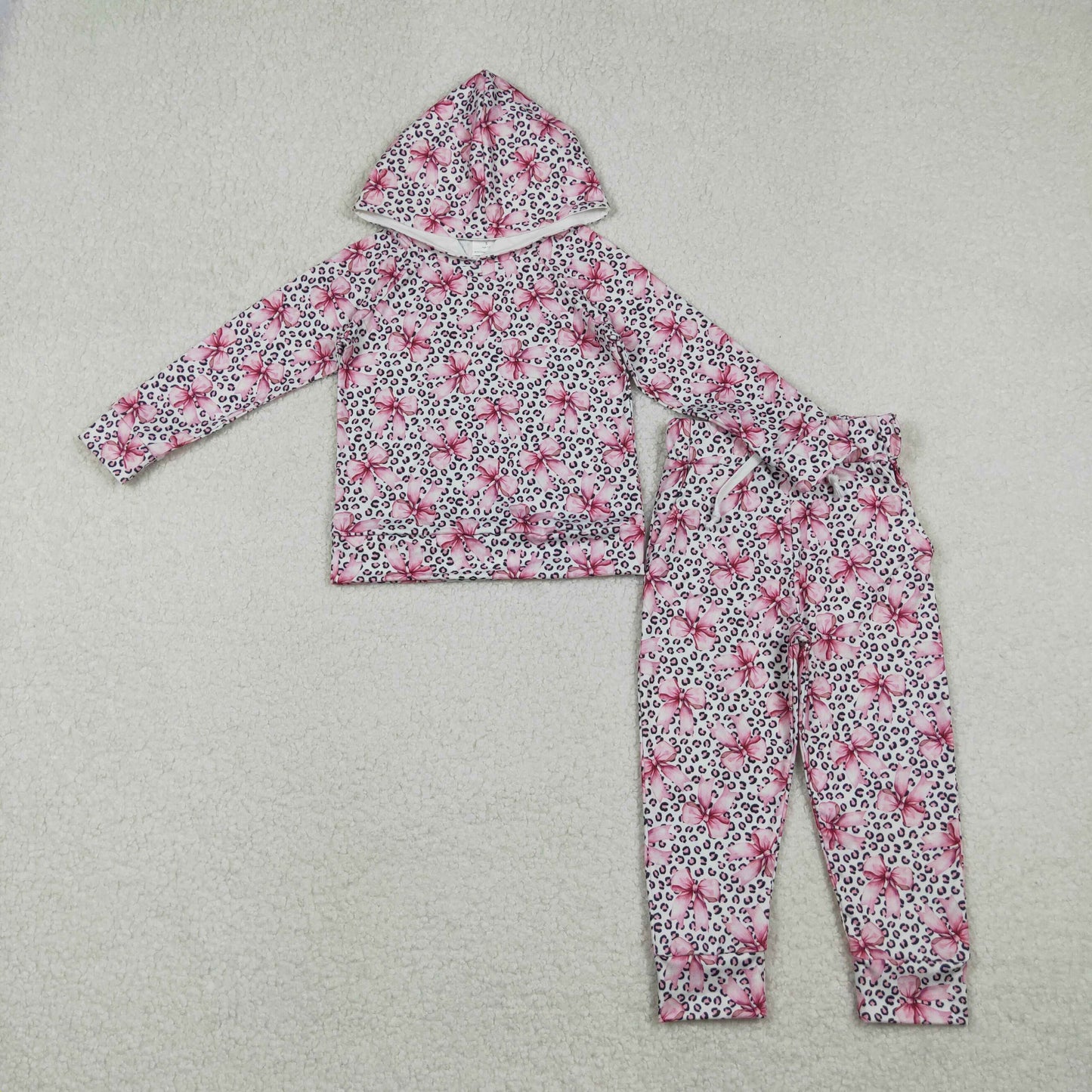 GLP2854 Baby Girls Pink Bows Leopard Hoodies Pockets Pants Clothes Set C10.27