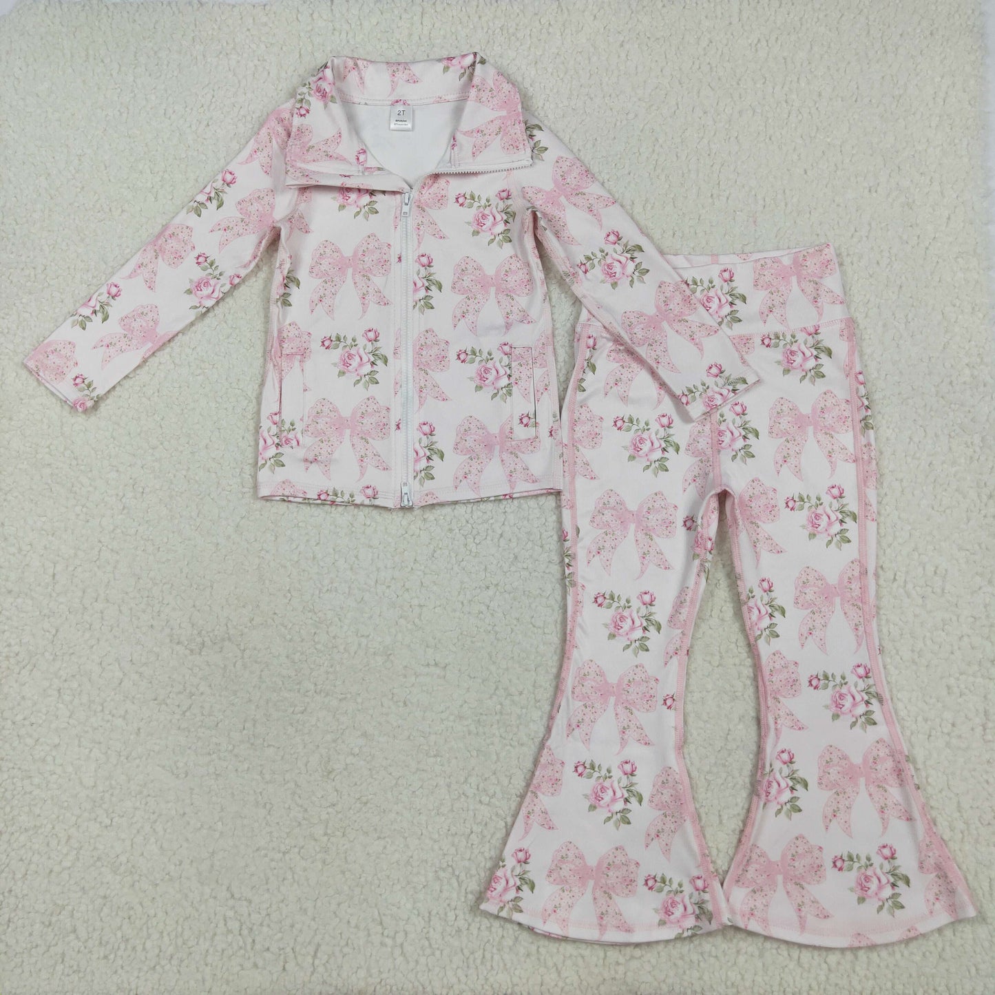 GT1075+P0768 Baby Girls Pink Floral Bows Pockets Zipper Top Bell Bottom Pant Yoga Set 7.15