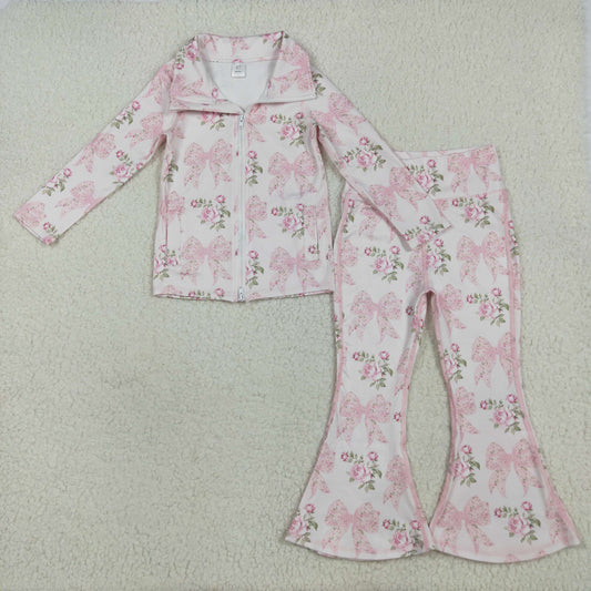 GT1075+P0768 Baby Girls Pink Floral Bows Pockets Zipper Top Bell Bottom Pant Yoga Set 7.15