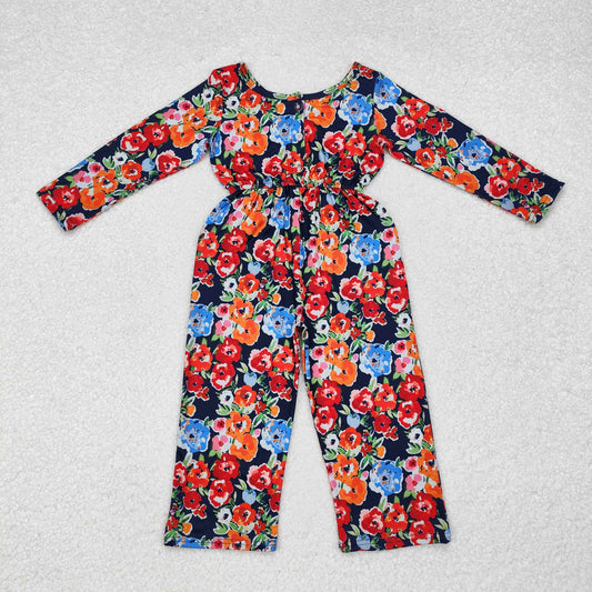 LR1836 Baby Girls Orange Navy Flowers Long Sleeve Fall Jumpsuit