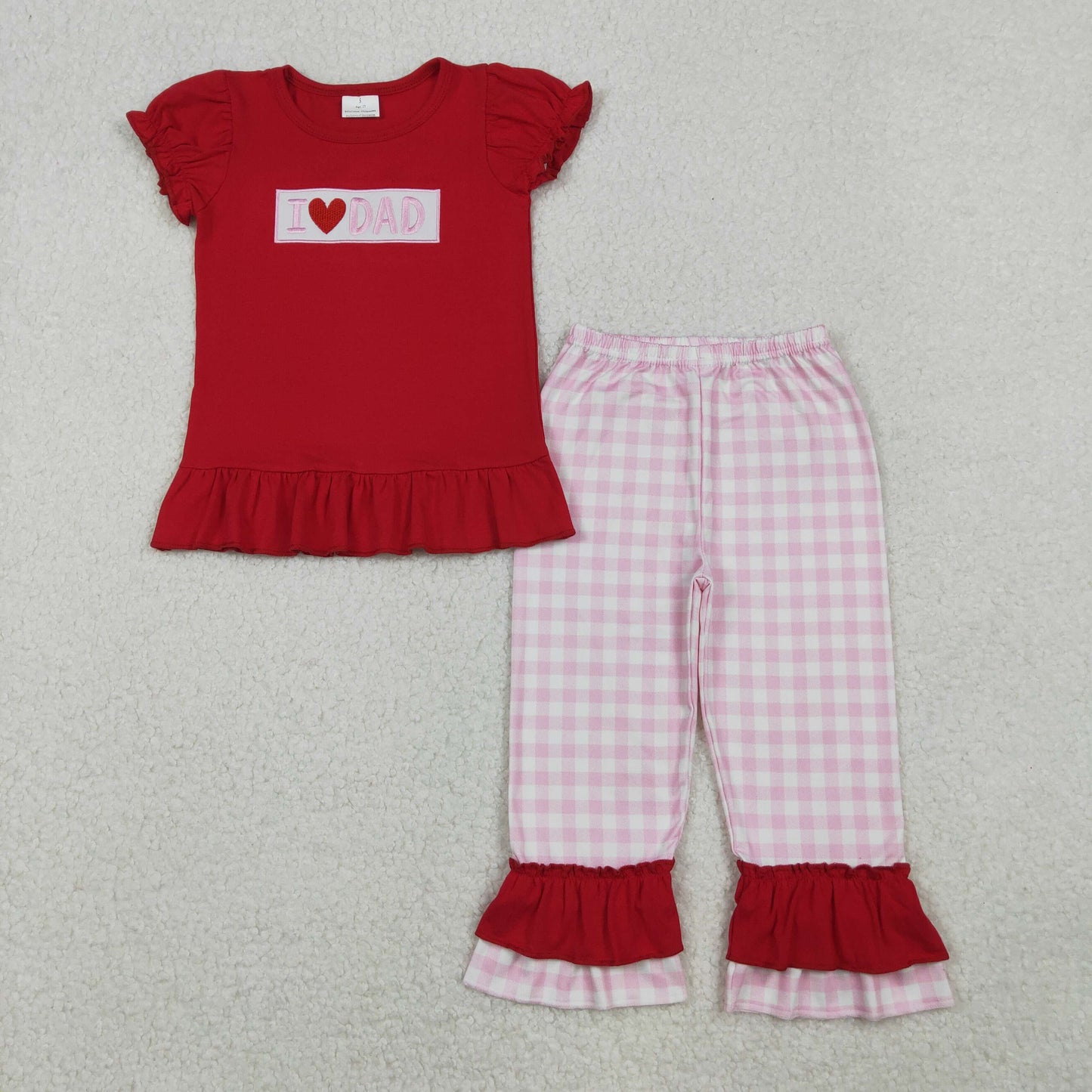 GSPO2072 Embroidery Baby Girls I Love Dad Top Pink Checked Ruffle Pants Clothes Set C10.21