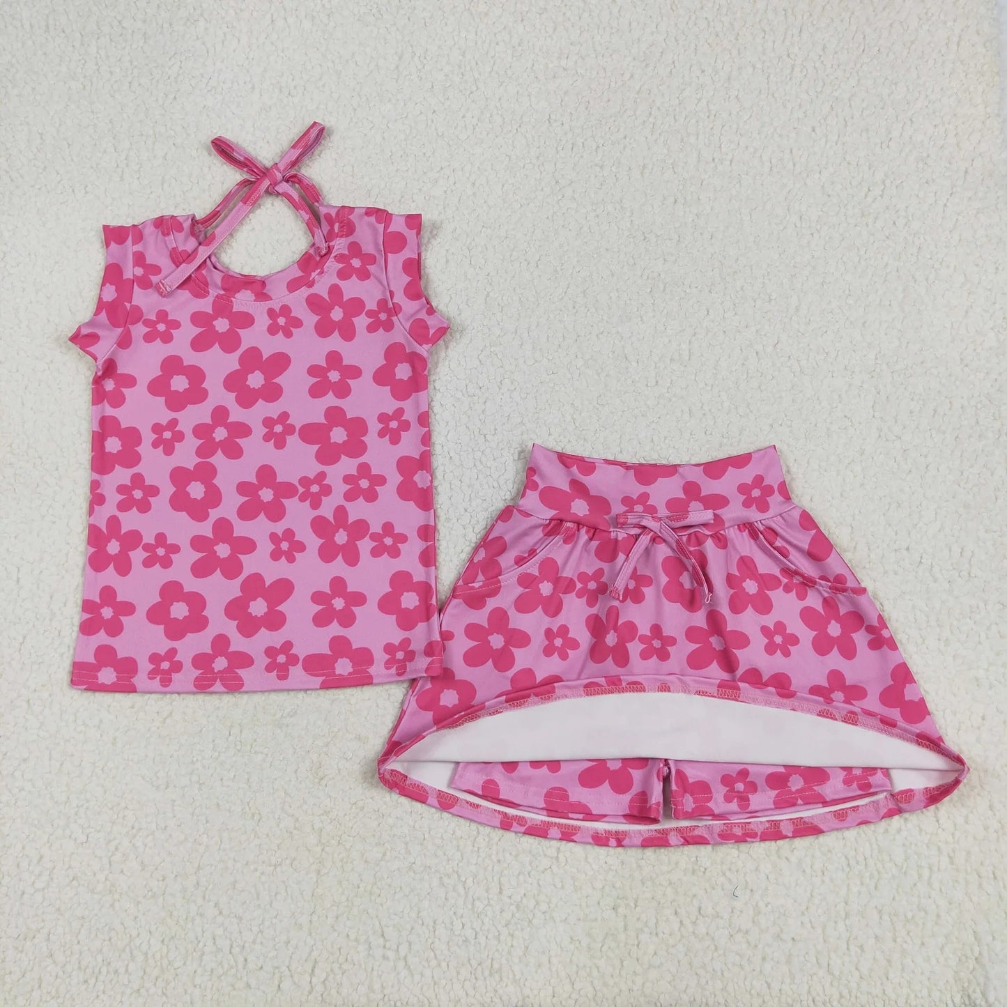 Sibling Baby Girls Pink Sleeveless Flowers Plaid Shirts Top Skorts Clothes Sets 6.20