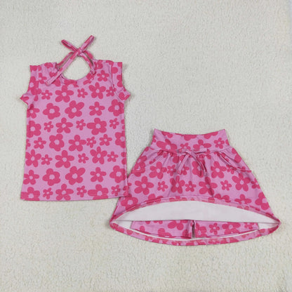 Sibling Baby Girls Pink Sleeveless Flowers Plaid Shirts Top Skorts Clothes Sets 6.20