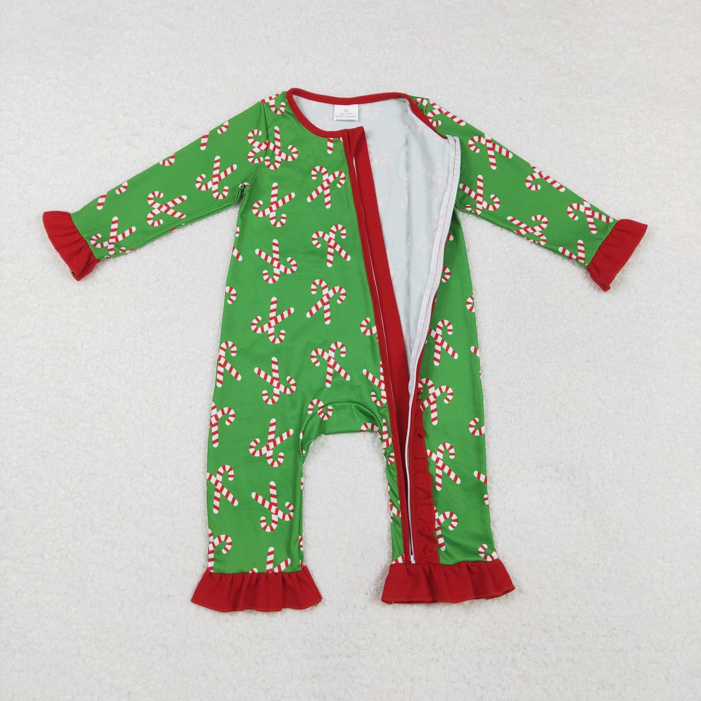 LR1236 Baby Infant Girls Christmas Candy Cane Long Sleeve Zip Romper