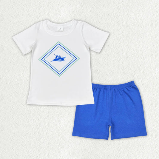 BT0613+SS0276 White short-sleeved ship top Blue shorts suit