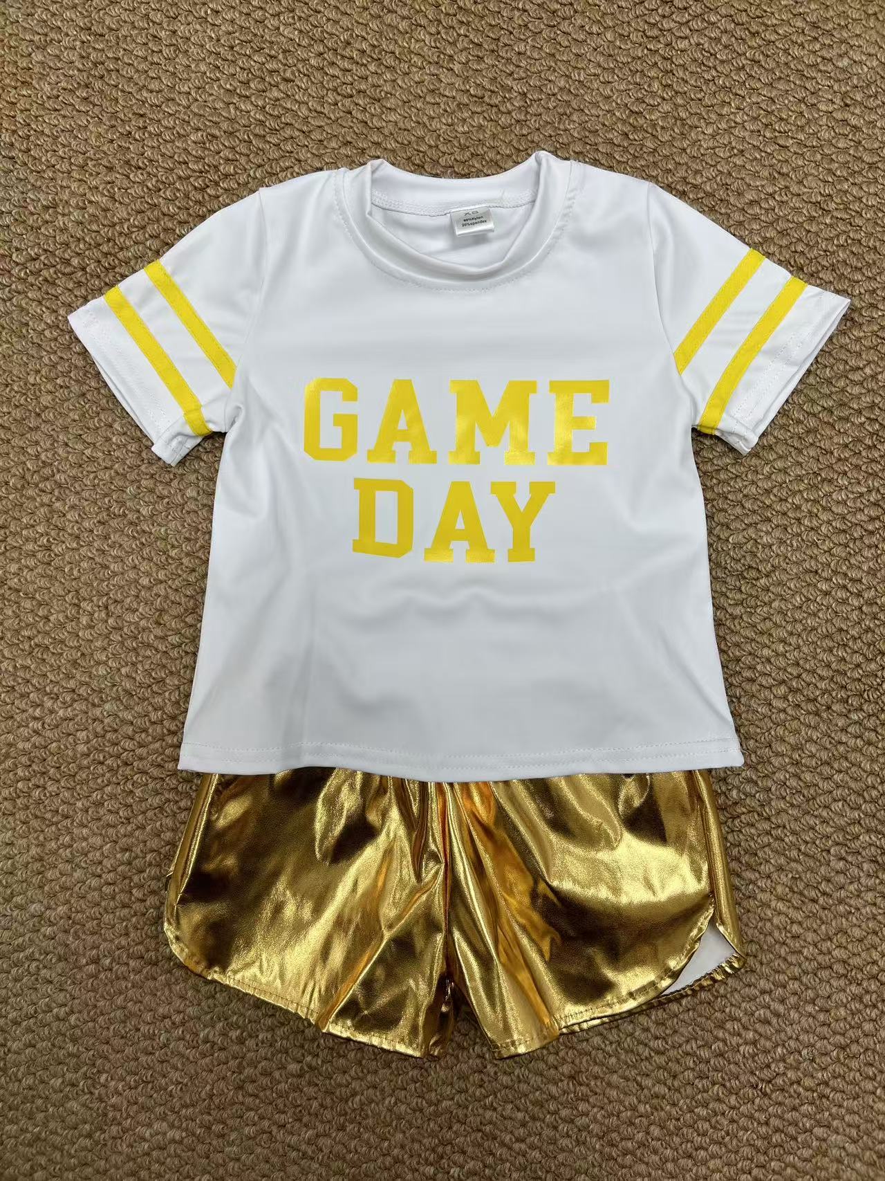 GT1115+SS0417 Baby Girls Vinyl Yellow Game Day Top Leather Shorts Team Active Set C8.23