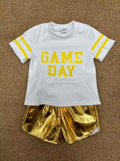 GT1115+SS0417 Baby Girls Vinyl Yellow Game Day Top Leather Shorts Team Active Set C8.23