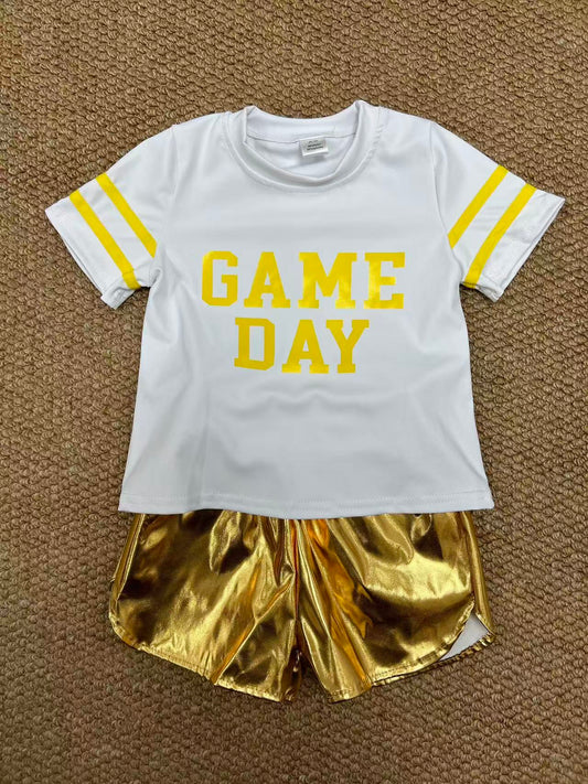 GT1115+SS0417 Baby Girls Vinyl Yellow Game Day Top Leather Shorts Team Active Set C8.23