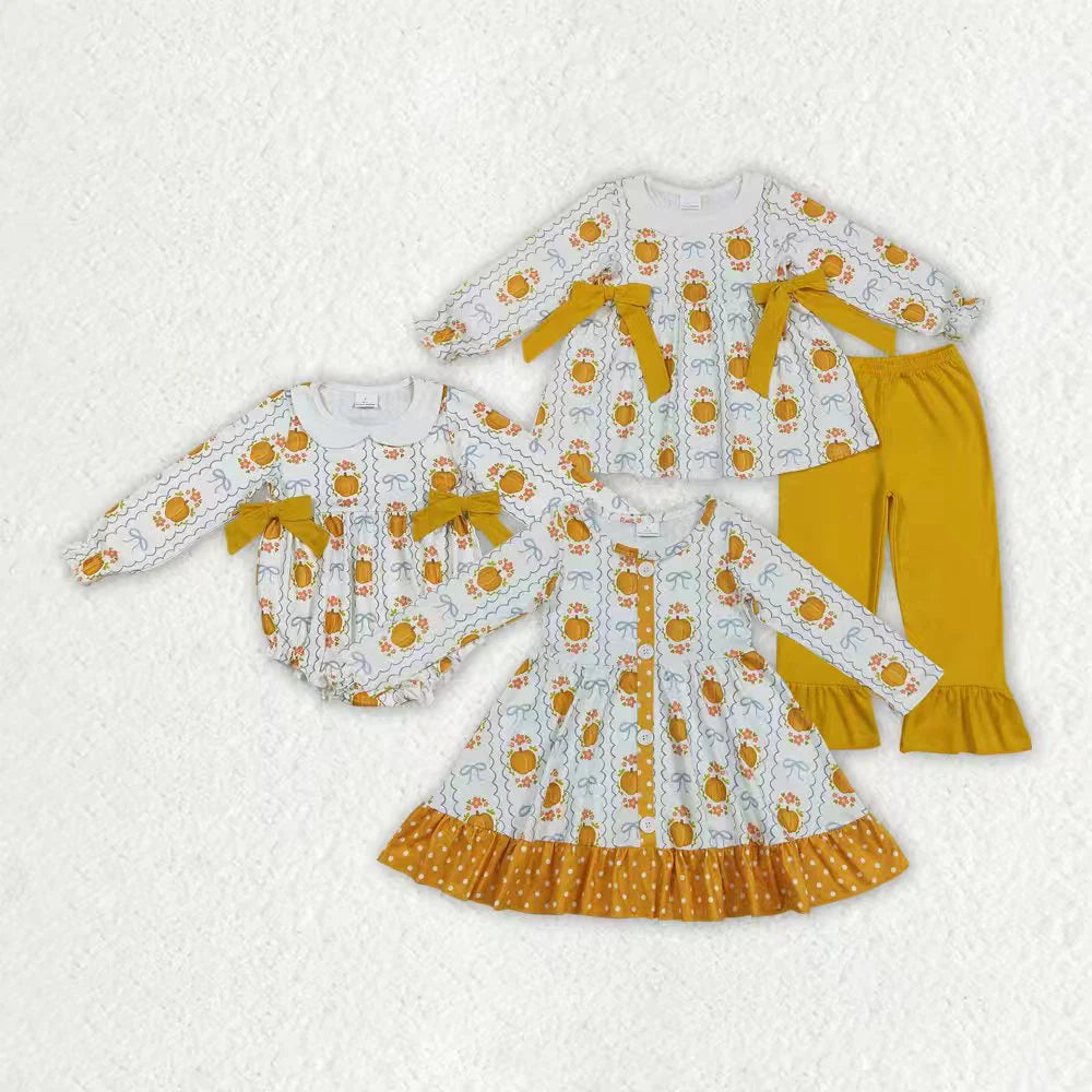 Sibling Baby Girls Pumpkins Bows Stripes Fall Ruffle Clothes Sets Rompers C9.15