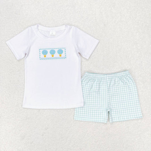 BSSO0784 Embroidered hot air balloon white short-sleeved plaid shorts set