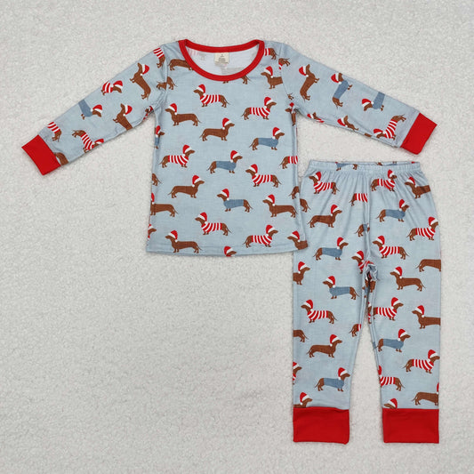 BLP0515 Baby Boys Christmas Dachshund Top Pants Bamboo Pajamas Outfits Set