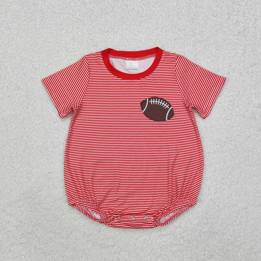 SR1956 Baby Infant Boys Red Embroidery Football Stripes Short Sleeve Romper