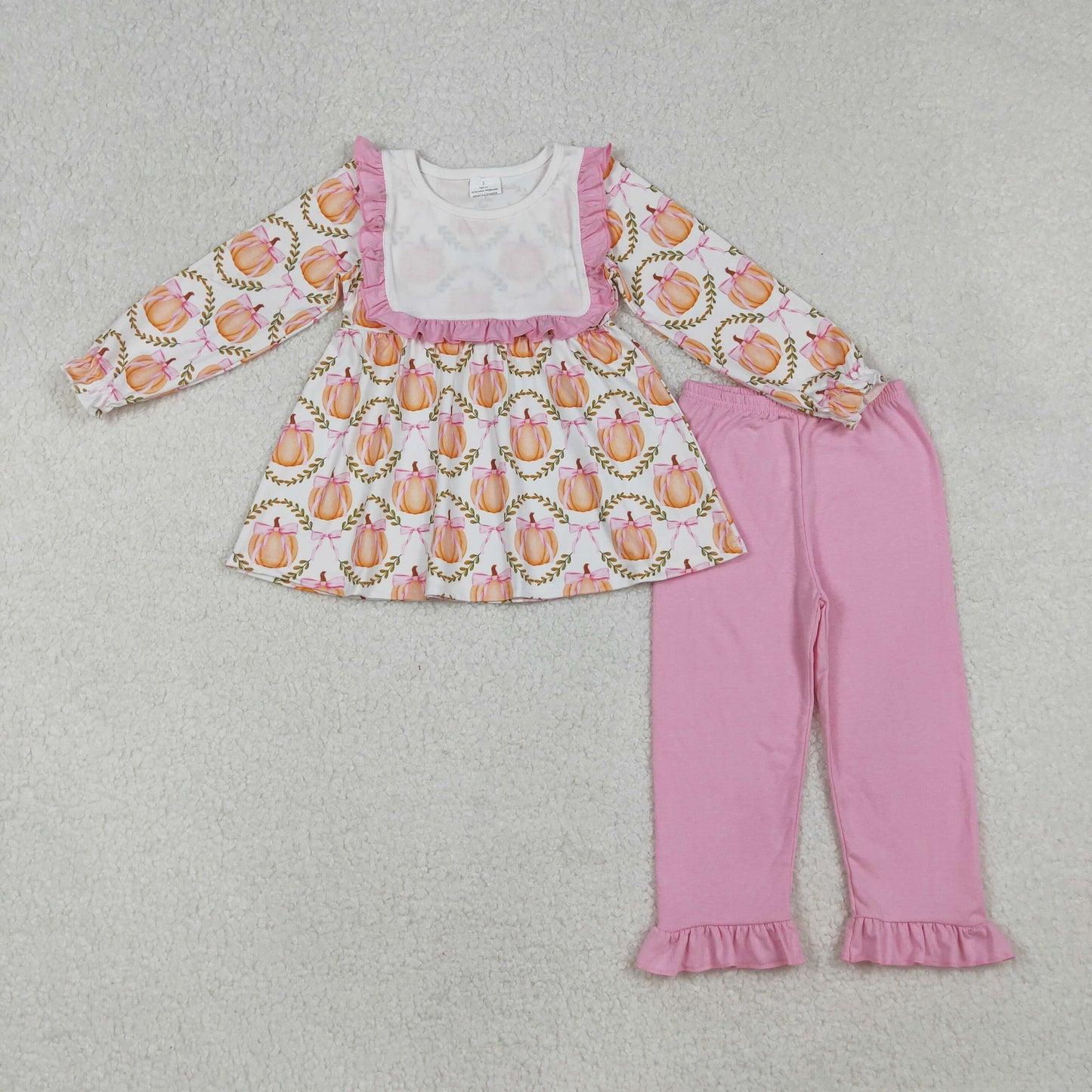 GLP2427 Baby Girls Long Ruffle Sleeves Pumpkins Bows Plaid Tunic Flame Pant Set C9.10