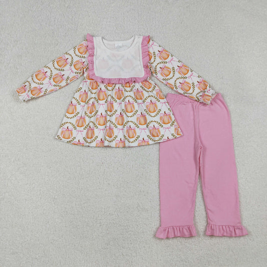 GLP2427 Baby Girls Long Ruffle Sleeves Pumpkins Bows Plaid Tunic Flame Pant Set C9.10