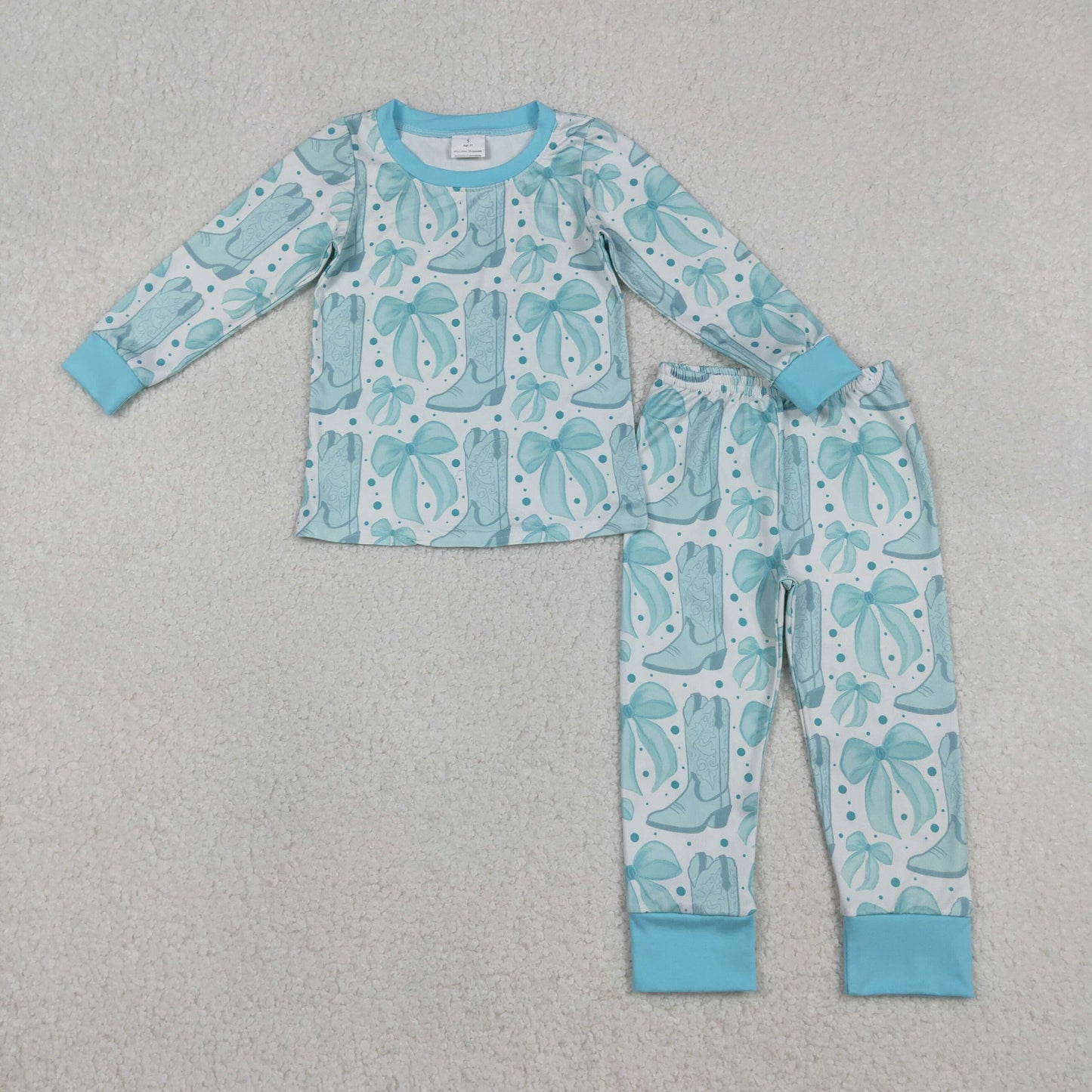 GLP2732 Baby Girls Light Blue Bows Boots Top Pant Western Pajamas Set C12.10