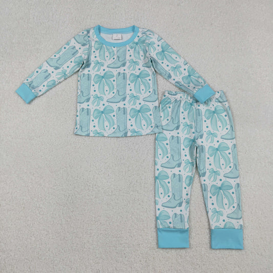 GLP2732 Baby Girls Light Blue Bows Boots Top Pant Western Pajamas Set C12.10