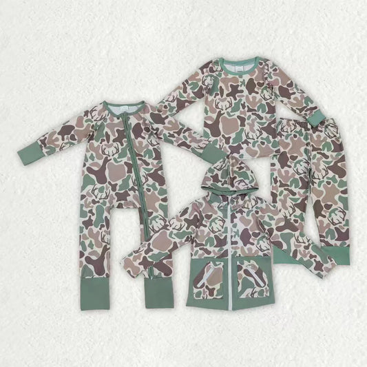 Sibling Baby Boys Green Brown Deer Camo Hunting Pajamas Sets Zipper Rompers Hoodies Top C11.1