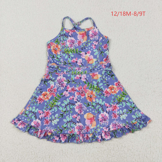 GSD2279 Baby Girls Purple Strap Floral Yoga Ruffle Knee Length Dress 5.30